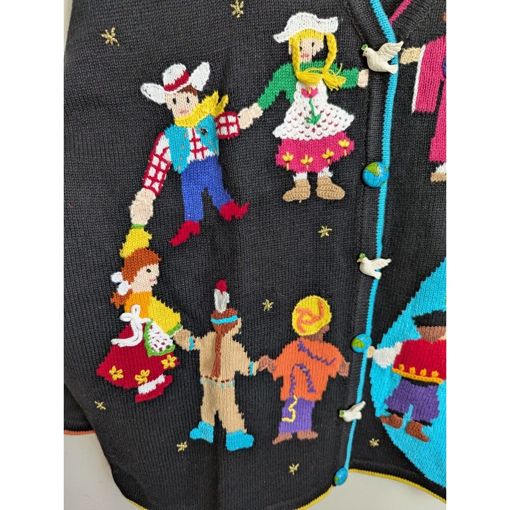 Storybook Knits 2X Cotton Teacher Cardigan Sweater Hands For World Peace NEW - Picture 5 of 11